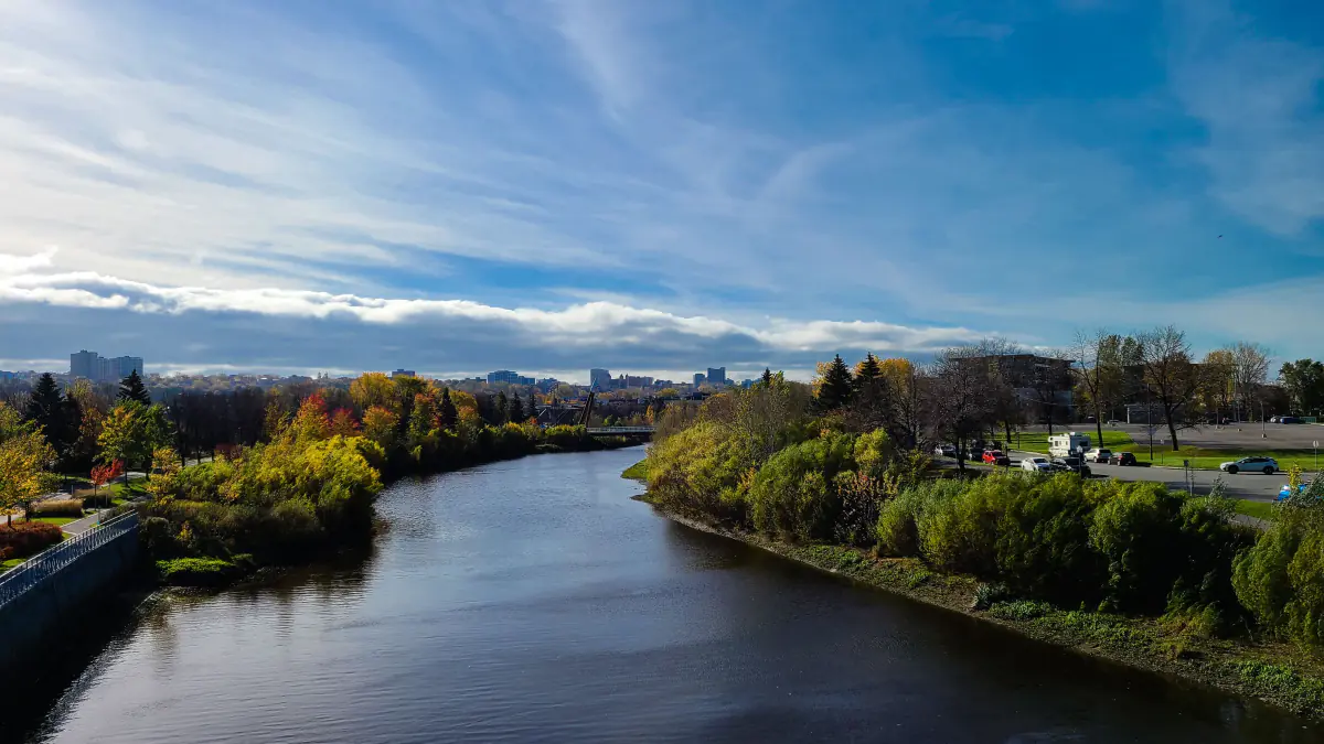 A river bordered by autumn trees with the city skyline in the distance